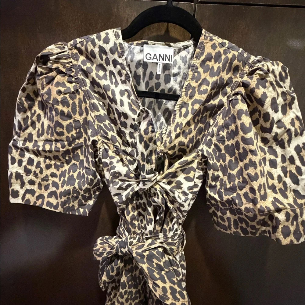 GANNI Leopard Printed Cotton Tie Strap Midi Dress - Picture 7 of 8